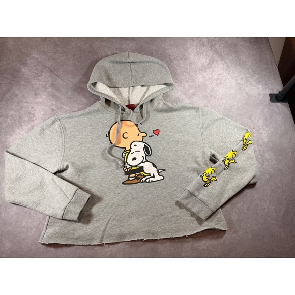 Peanuts Tops - Peanuts Charlie Brown Snoopy Cropped Hoodie Gray Graphic Sweatshirt Medium